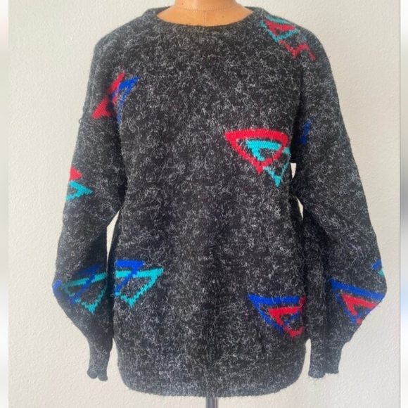 Vintage 1980s black Fuzzy with Triangles crewneck acrylic Sweater Medium - Picture 1 of 7